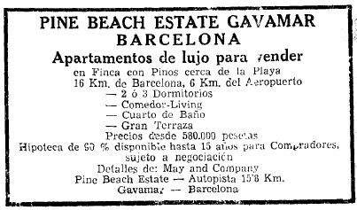 Anunci de Pine Beach de Gav Mar publicat al diari La Vanguardia el 3 de Maig de 1964 on ja apareix com ubicaci: gavamar i s fixa el preu mnim en 580.000 pessetes (3.486 euros)